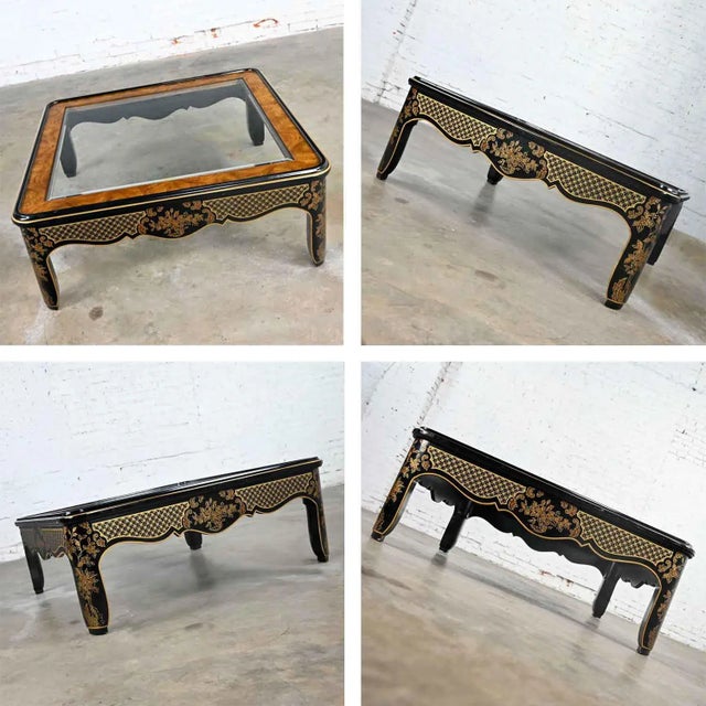 1980's Drexel Heritage Coffee Table Et Cetera Collection Chinoiserie Black & Gold Painted & Burl With Glass Insert For Sale - Image 12 of 14