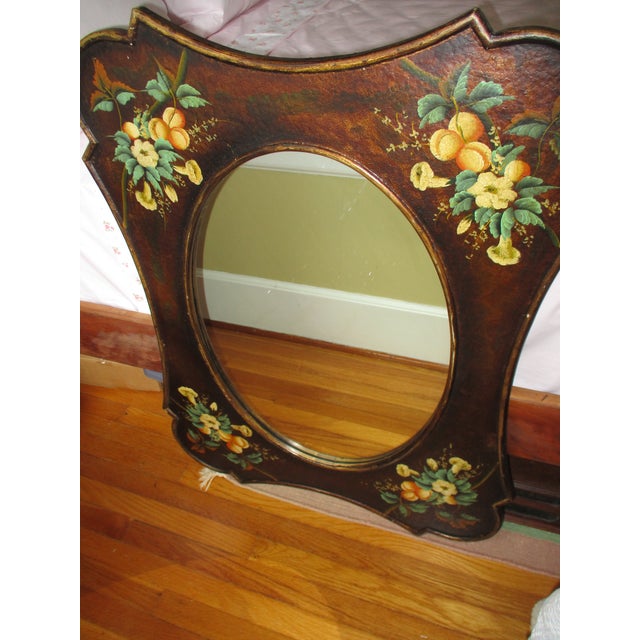 French Country Vintage French Country Ornate Hand Painted Wood With Flower Design Mirror For Sale - Image 3 of 15