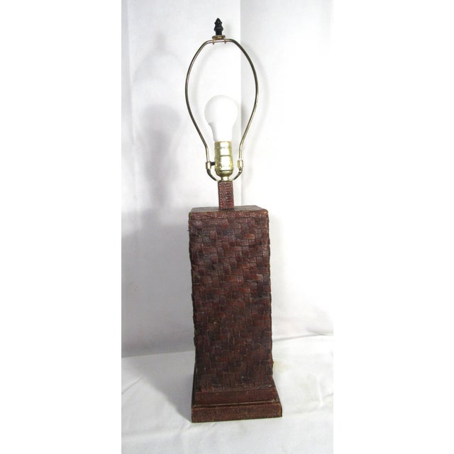 Mid-Century Modern Vintage Woven Leather Kenzie Lamp + Shade For Sale - Image 3 of 14