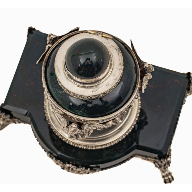 Rare French Bloodstone Sterling Silver Cherub Mounted Inkwell, Circa 1920 For Sale - Image 9 of 11