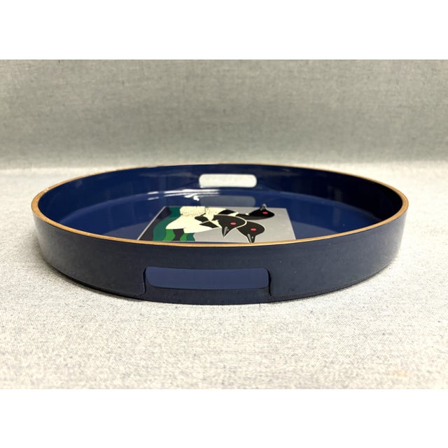 Royal Blue Vintage Otagiri Round Lacquer Tray For Sale - Image 8 of 9