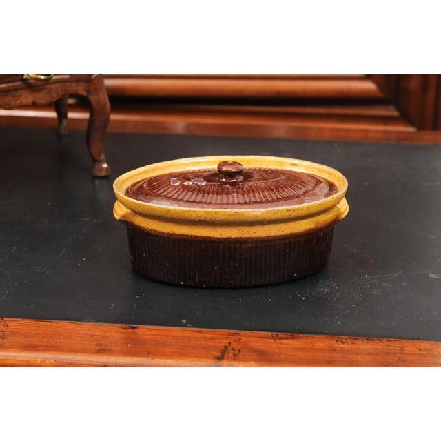 Rustic French 19th Century Covered Pâté Terrine with Brown and Gold Glaze For Sale - Image 9 of 12