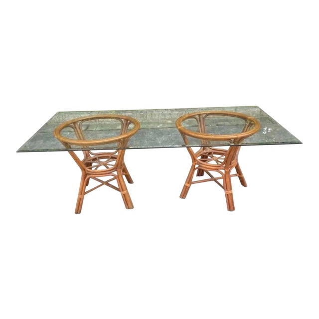 1970s Bamboo Double Pedestal Dining Table with Glass For Sale