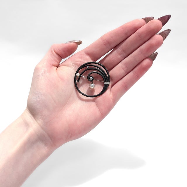 Marsh & Co. Art Deco Blackened Steel, 14k Gold, Pearl, & Diamond Brooch or Pin For Sale - Image 4 of 10