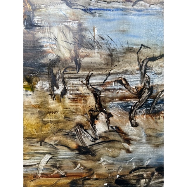 Brown Large Oil on Cardboard Landscape Painting From 70's For Sale - Image 8 of 15