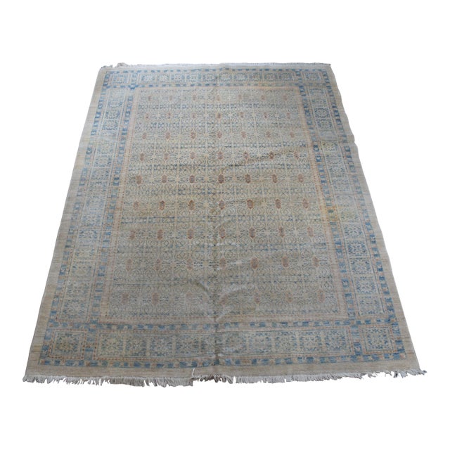 Vintage Oriental Hand Knotted Blue & Beige Geometric Area Rug Carpet 9' X 11' For Sale
