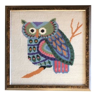 Vintage Needlepoint Picture Owl 1970’s Original Frame For Sale