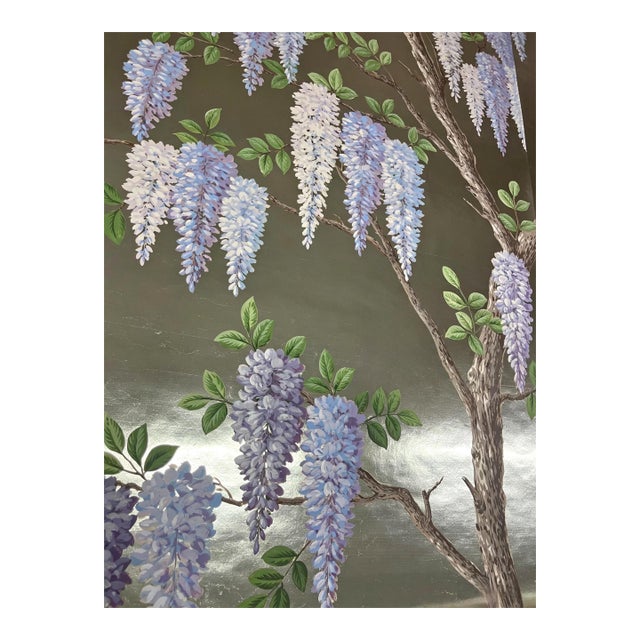 Single Hand Painted Silver Leaf Chinoiserie Wallpaper Panel, Wisteria Floral Mural, Custom Size Available For Sale