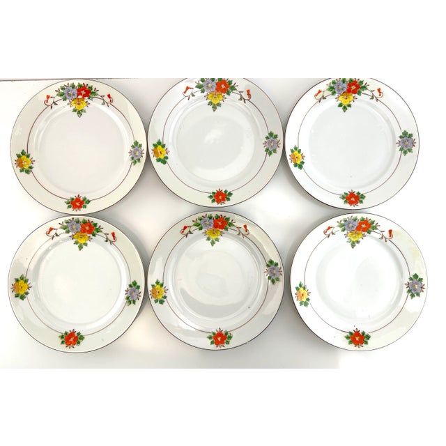 Vintage 1940's Hand Painted Floral Plates, Trico Nagoya Japan- Set of 6 For Sale In Little Rock - Image 6 of 11