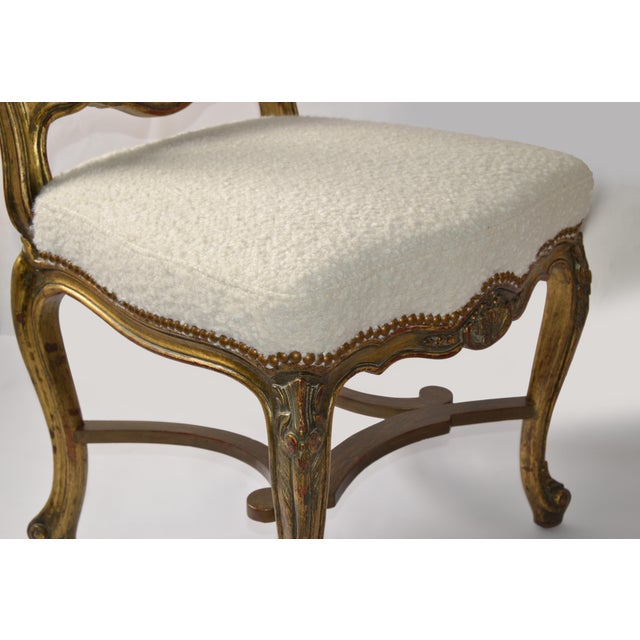 Mid 20th Century Mid 20th Century Hand-Carved Rococo Louis XV Giltwood Side Chair Bouclé Upholstery Cabriole Legs For Sale - Image 5 of 15
