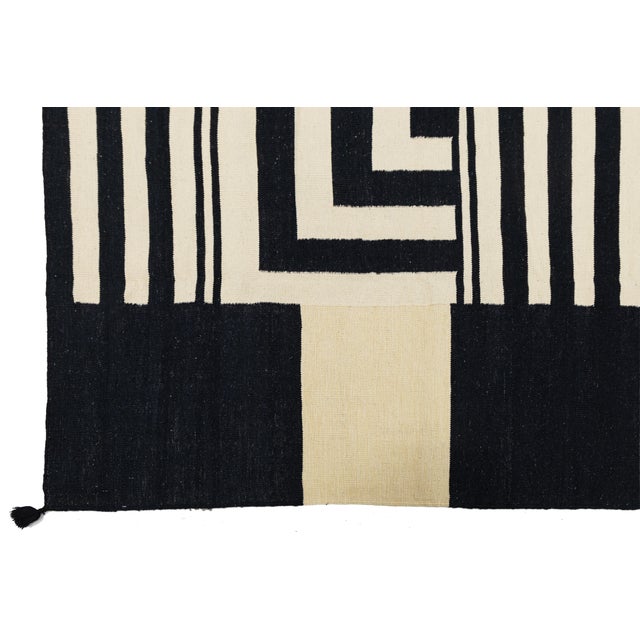 Modern Navajo-Style Hand-Knotted Wool Rug – Black & Cream Graphic Geometric For Sale - Image 10 of 12