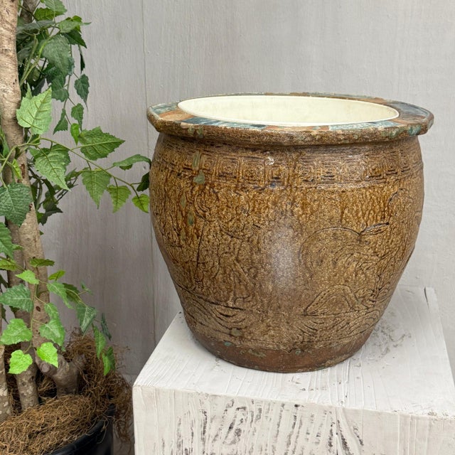 Early 20th Century Brown Glazed Ceramic Planter with Carved Relief Pattern For Sale - Image 9 of 12
