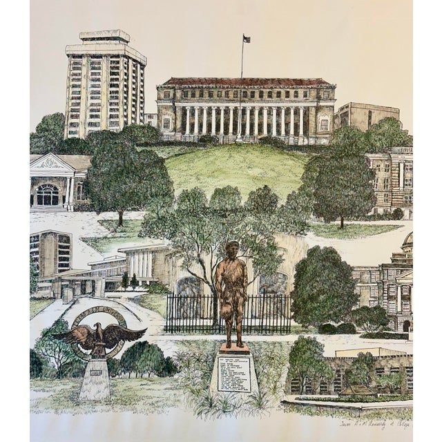 A charming late 20th-century hand-colored architectural print by artist Liz Bryant, depicting a collection of notable...