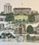A charming late 20th-century hand-colored architectural print by artist Liz Bryant, depicting a collection of notable...