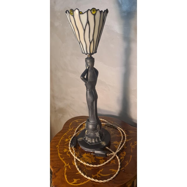 Black Ceramic Lamp with Stained Glass Lampshade, 1975 For Sale - Image 8 of 9