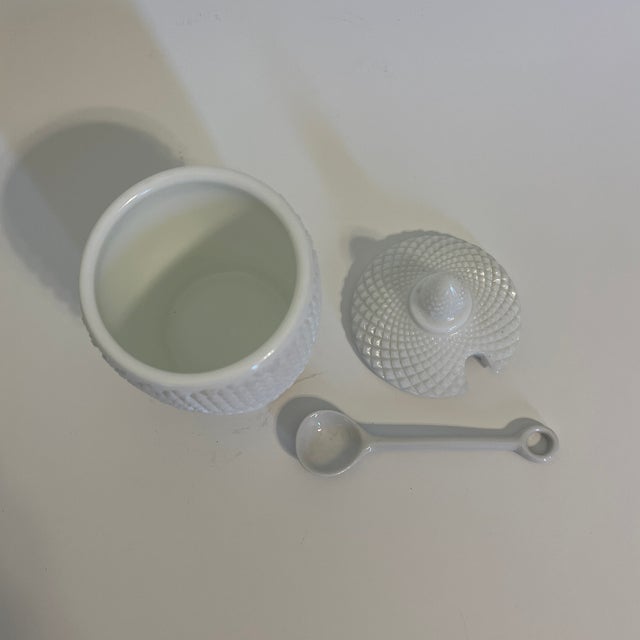 Westmoreland Glass 1920s Westmoreland English Hobnail Milk Glass Jam or Honey Jar With Lid and Porcelain Spoon For Sale - Image 4 of 10
