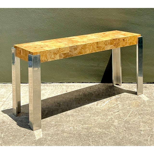 Vintage Laminate Burl Wood and Chrome Console Table For Sale - Image 4 of 18