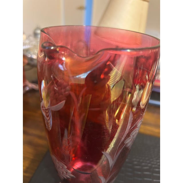 1920s Cranberry Glass Etched Wine Pitcher For Sale - Image 4 of 5