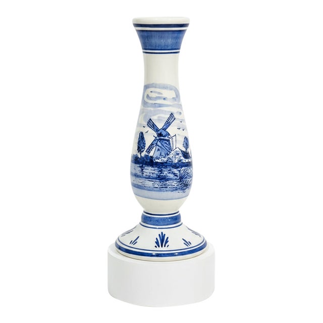 Vintage Dutch Delft Blue Vase – Windmill Scene – Hand-Painted Porcelain For Sale