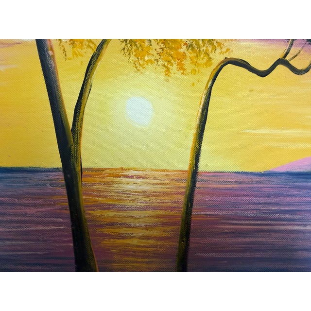 A luminous original oil painting on canvas signed M. Gordon, depicting a tranquil tropical coastline at sunset. Two...