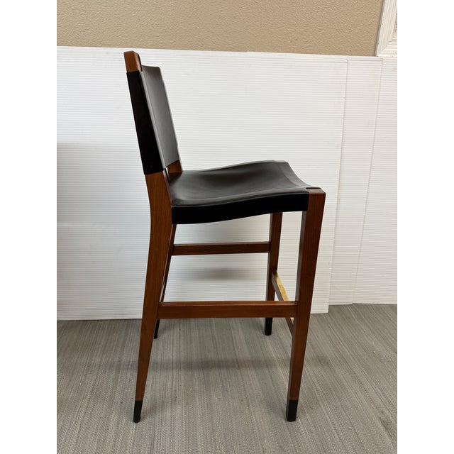 Walnut Wood + Black Leather Bar Stools, Pair For Sale In San Francisco - Image 6 of 12