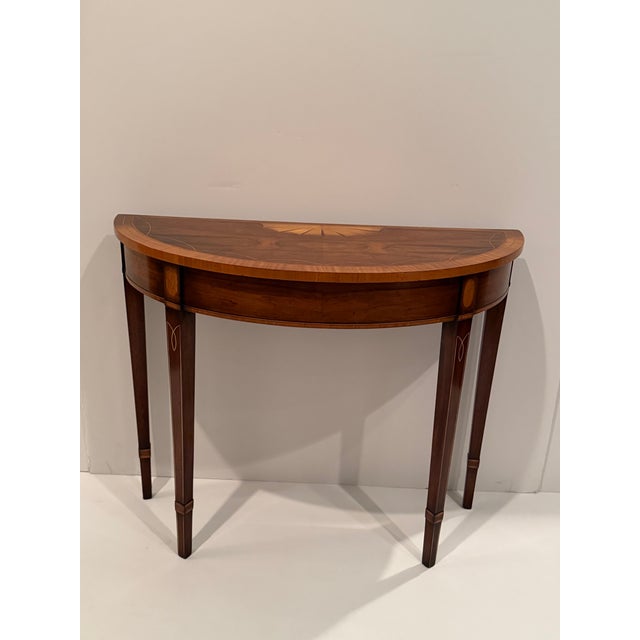 Wood Mahogany & Satinwood Inlaid Demilune Console Tables -a Pair For Sale - Image 7 of 12