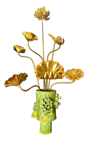Japanese Gilt Wood Lotus Flowers in Brutalist Ceramic Pot