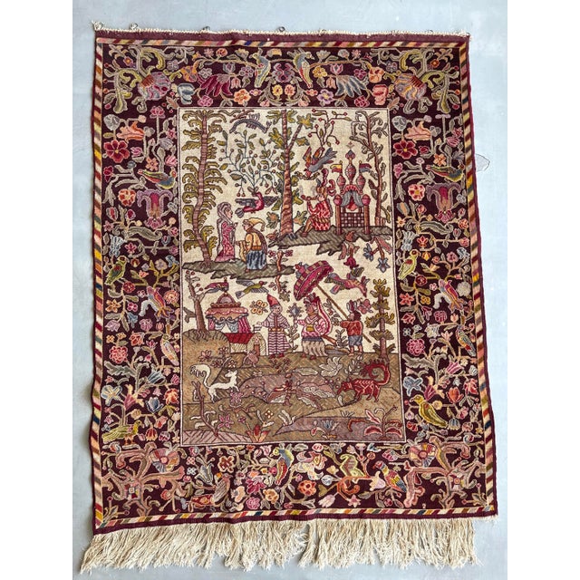Magical vintage Transylvanian wall rug with fairy-tale figures from the 1960s, Romania. Handwoven wool beauty with...