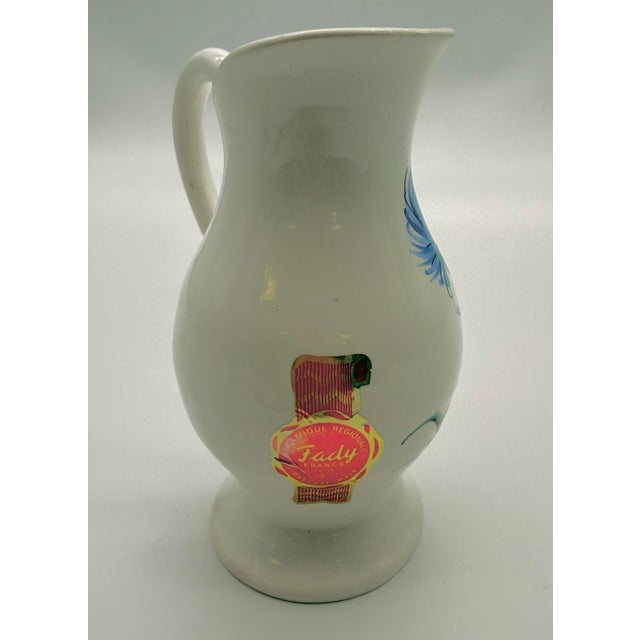 1960s Vintage Céramique Fady Vallauris Pitcher - Hand Painted Blue Thistle Flower French Folk Art Pottery, Signed Sticker Exécuté Main For Sale - Image 5 of 7
