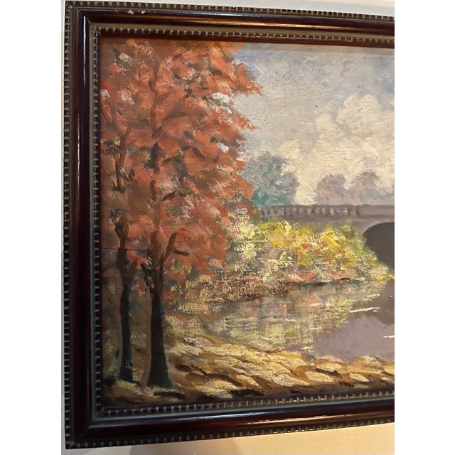 1990s Autumn Foliage Landscape With a Stream and Bridge Oil on Board Painting For Sale - Image 5 of 6