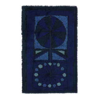 Vintage Swedish Rya Rug With Blue and Charcoal Geometric Pattern - Rug & Kilim For Sale