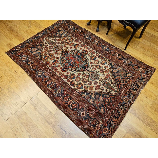 Antique Persian Malayer Rug, Hand-Knotted Wool, Geometric Pattern, 4x6, Ivory & Navy For Sale - Image 4 of 18