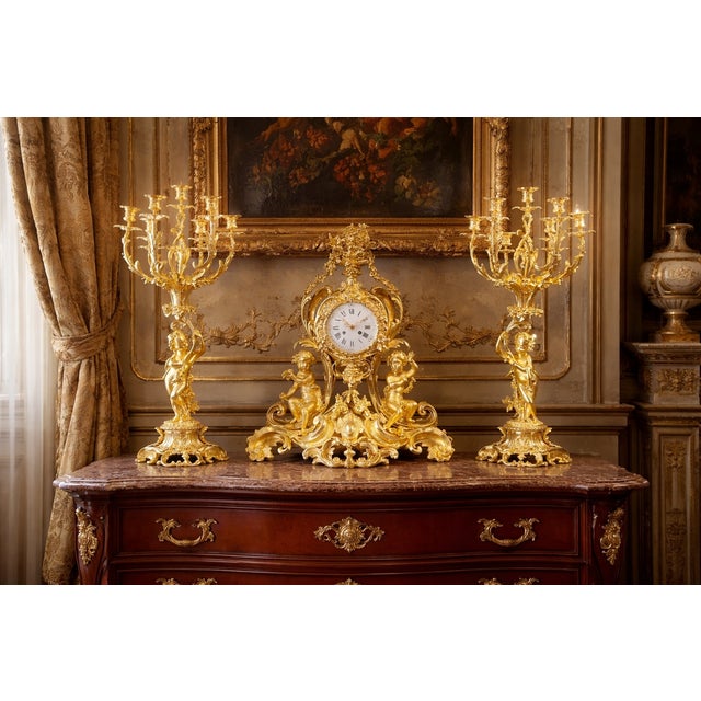 1840s French Louis XV Ormolu Bronze Clock Set - 3 PCS For Sale - Image 9 of 11