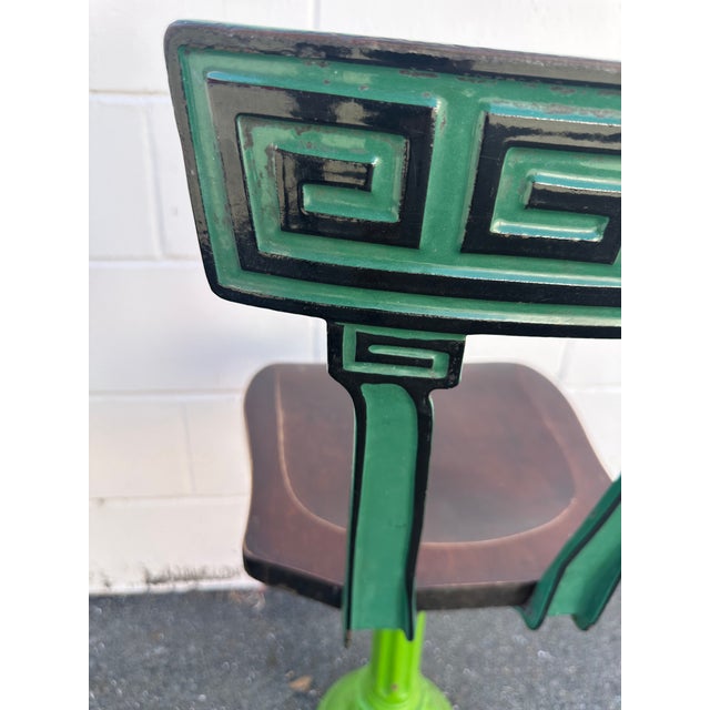 A Pair of Early 20th-Century Cast Iron Soda Fountain Swivel Stools With Greek Key Backs. For Sale - Image 14 of 18
