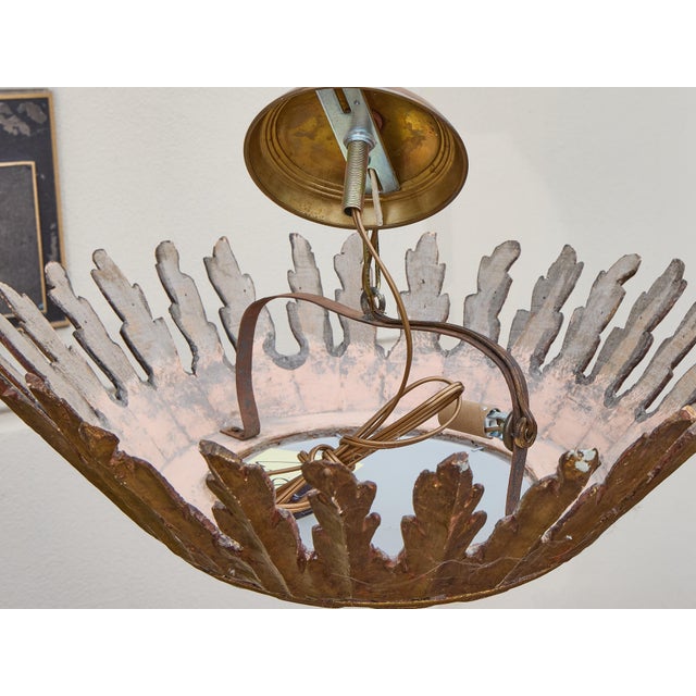 Italian 1930s Italian Giltwood Sunburst Chandelier with Frosted Glass Diffuser For Sale - Image 3 of 7