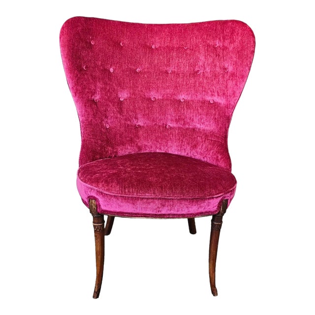 Velvet Red Cherry Wing Back Chair For Sale