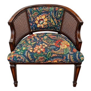 Vintage Cane Barrel Back Accent Chair With Floral Paisley Upholstery For Sale
