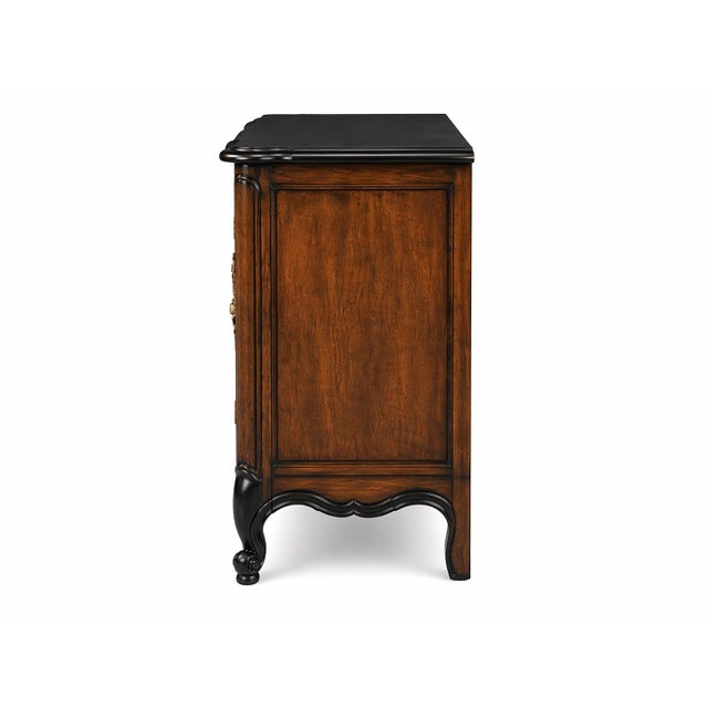Vintage French Provincial Sideboard Buffet – Black Satin Top & Skirt, Tobacco Wood Finish, Gilt Hardware – 60” For Sale - Image 9 of 12