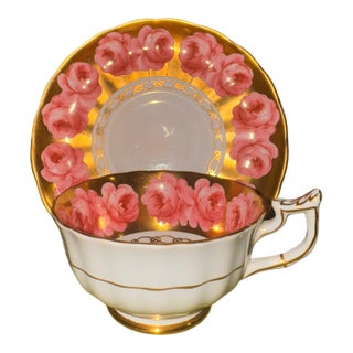 1950s Royal Chelsea ‘Pink Cabbage Roses’ Teacup & Saucer Set - Gold English Bone China For Sale