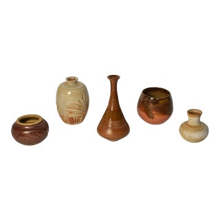 Set of 5 Japanese Wabi Sabi Small Pottery Vases For Sale
