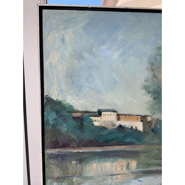 Sky Blue Vintage American School River Landscape Oil Painting on Canvas, Framed For Sale - Image 8 of 12