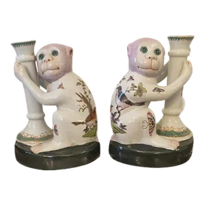 Pair of Wong Lee Porcelain Pink Haired Monkey Candle Holder, Wl 1985 Insignia