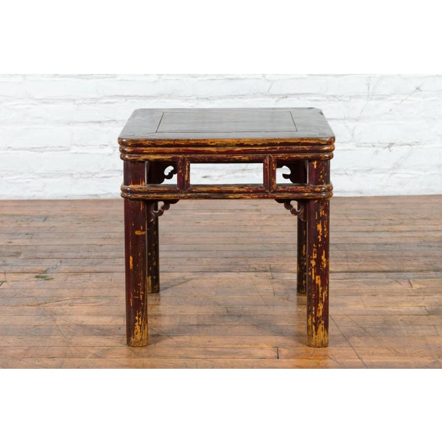 Asian Chinese Qing Dynasty Side Table with Carved Spandrels and Distressed Finish For Sale - Image 3 of 13
