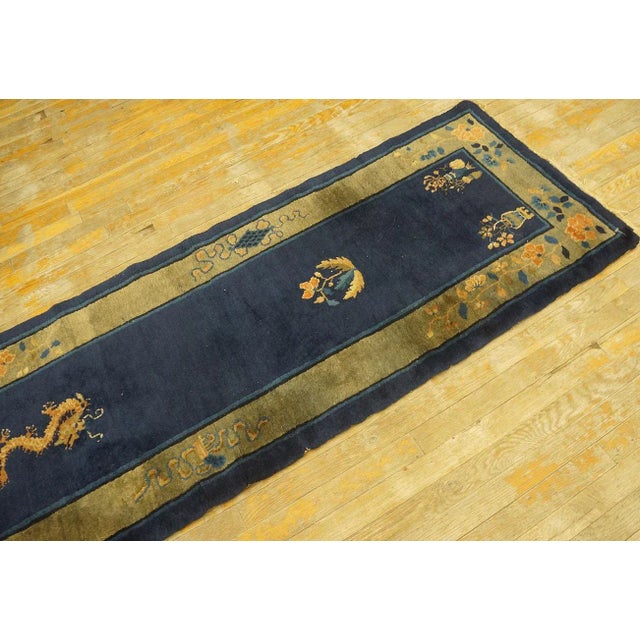 Abstract 1920s Navy Dragon Floral Antique Chinese Peking Rug 2' 4'' X 14' 4'' Wool Knotted Carpet For Sale - Image 3 of 9