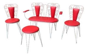 White Metal & Red Leatherette Garden Set, 1968, Set of 4