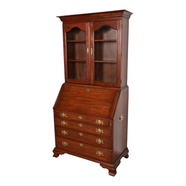 Henkel Harris Georgian Solid Cherry Wood Drop Front Secretary Desk With Bookcase Hutch, 1970s For Sale