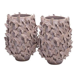 Pair of Vintage Italian Ceramic Butterfly Encrusted Vases For Sale