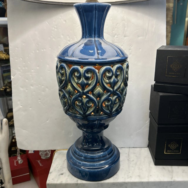Blue Ceramic Openwork Tabletop Lamp With Top and Bottom Light Sources For Sale - Image 9 of 11