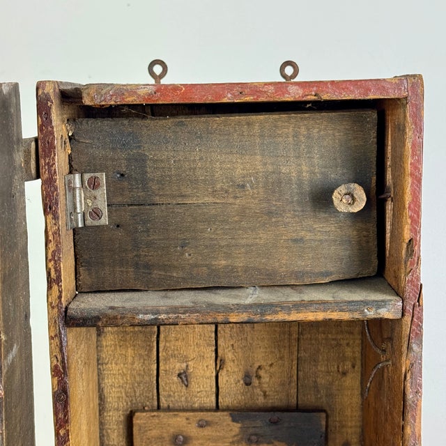 Early 19th C. Americana Primitive Small Handmade Wall Cupboard With Leather Straps Hinges & Latch For Sale - Image 11 of 14