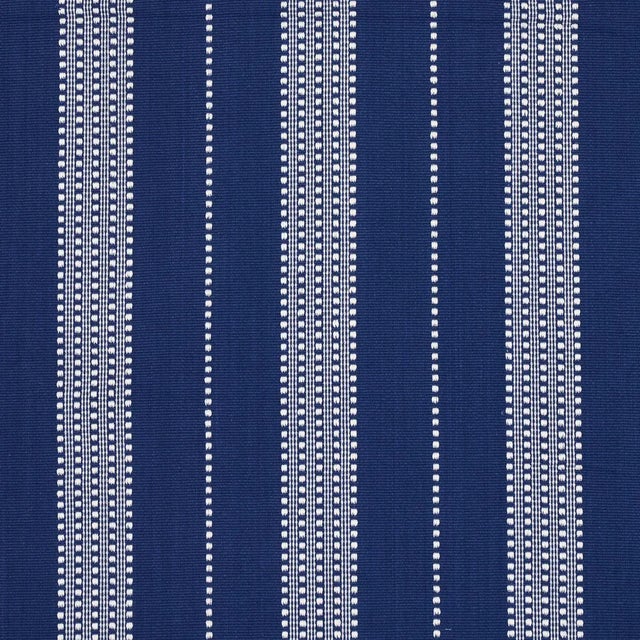 Schumacher Lubeck Stripe Fabric in Ivory on Blue For Sale